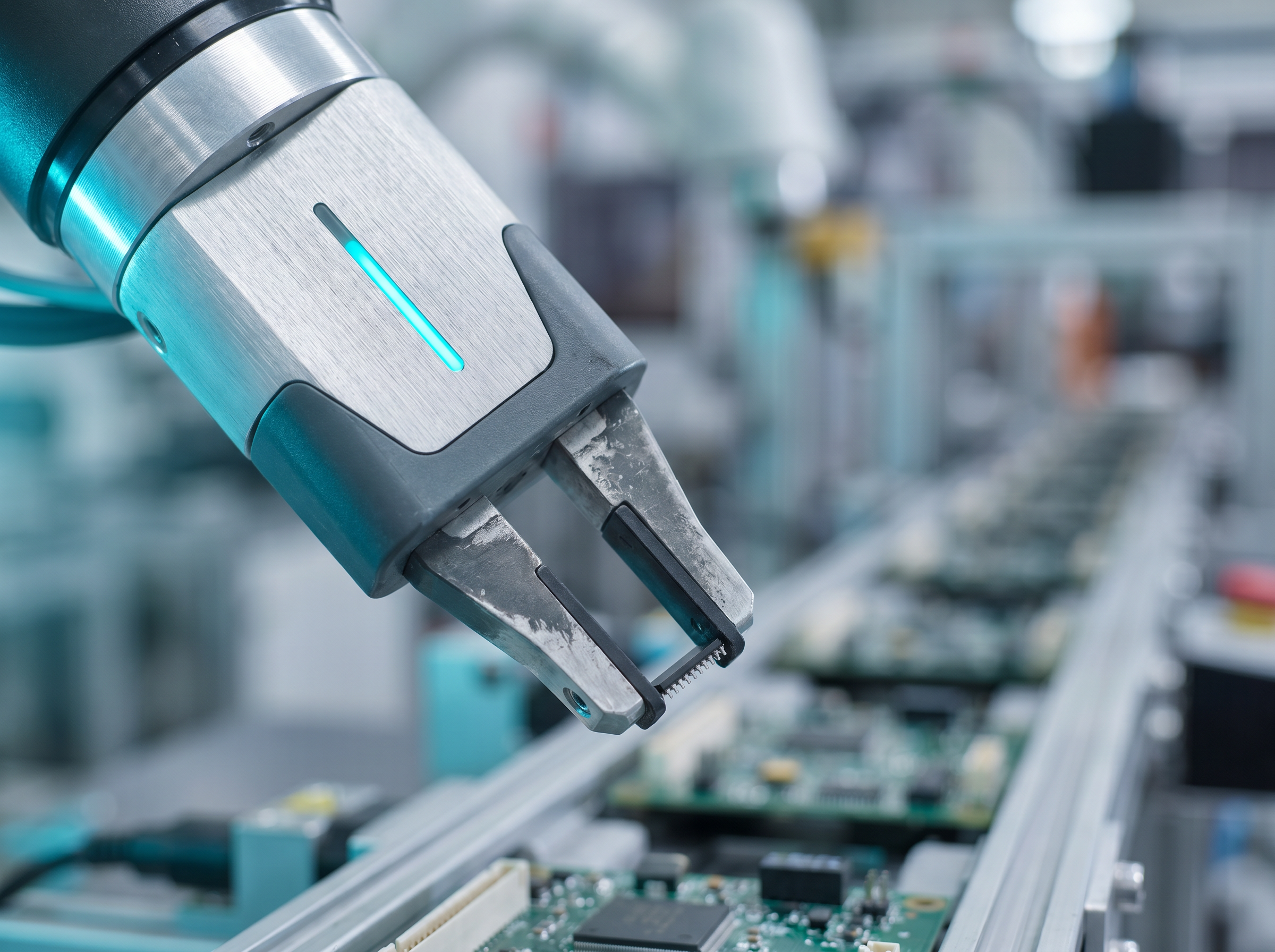 A robotic gripper performs precision work on an electronic assembly line.